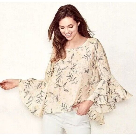 Lauren Conrad Beige Floral Split Back Bell Sleeve Top  Cottagecore Romantic SZ L - Picture 1 of 9